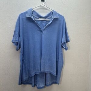 Jane+Delancey V-Neck Top Short Sleeve Button Blue Ribbed Womens Preppy Polo